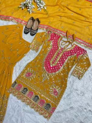 Faux Georgette Yellow Embroidery  Work  Sharara Suit