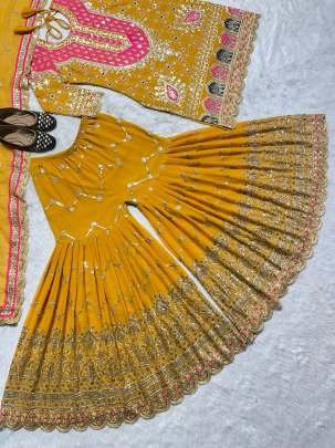 Faux Georgette Yellow Embroidery  Work  Sharara Suit
