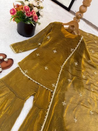 Fendy Silk Golden Short Top With Ratro Palazzo Suit