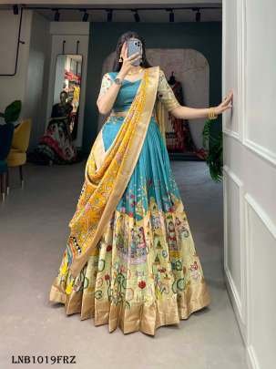 Ferozi Kalamkari Printed Dola Silk Lehenga Choli