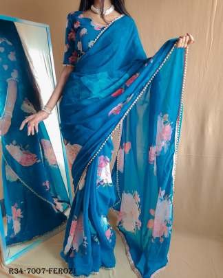 Ferozi Party Wear And Pearl Lace Border Georgette Saree