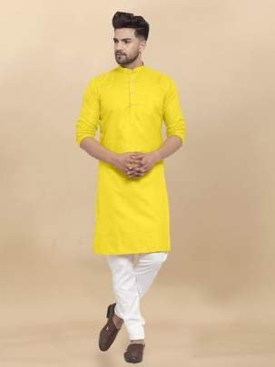 Festival Plain Cotton Yellow Kurta And Pyjama