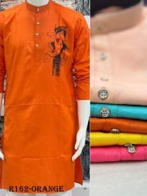 Festival Wear Ganpati Printed Orange Cotton Men Kurta