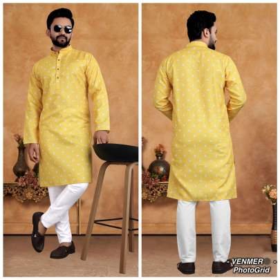 Festival Wear Mens Yellow Cotton Kurta Pyjama