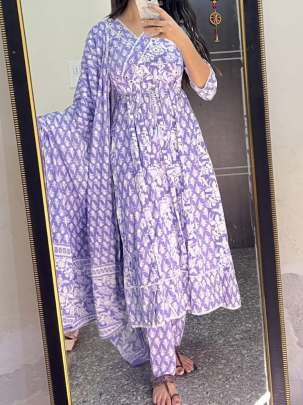 Festival Wear Purple Cotton With Handwork Yoke Angrakha Kurti Pant With Dupatta