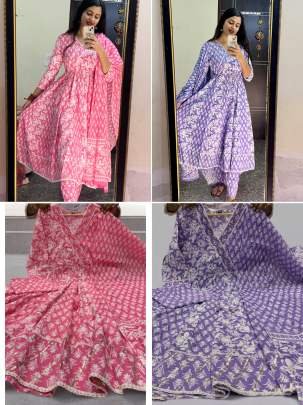 Festival Wear Purple Cotton With Handwork Yoke Angrakha Kurti Pant With Dupatta