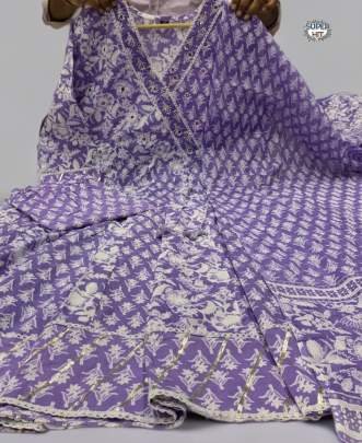 Festival Wear Purple Cotton With Handwork Yoke Angrakha Kurti Pant With Dupatta