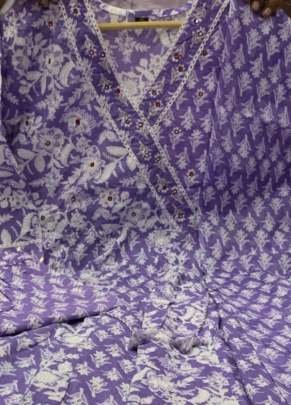 Festival Wear Purple Cotton With Handwork Yoke Angrakha Kurti Pant With Dupatta