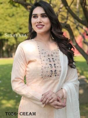 Cream Linen Cotton Kurti Pant Dupatta Set For Women