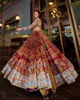 Festive Fusion Gujarati Garba Maroon Print Mirror Work Chaniya Choli