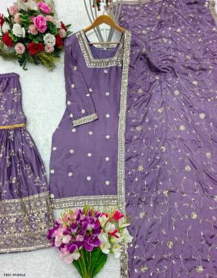 Festive Wear Collection Ready To Wear  Purple Chinon Silk Gharara Suit