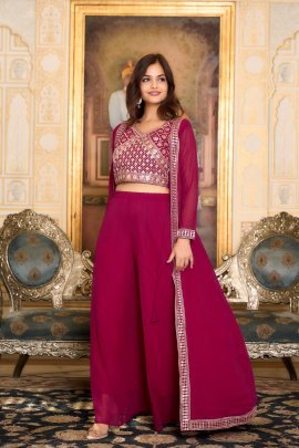 Festive Wear  Fox Georgette Shrug Plaza With Choli In Maroon