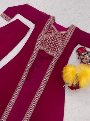 Festive Wear  Fox Georgette Shrug Plaza With Choli In Maroon