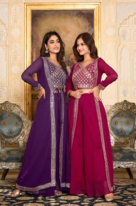 Festive Wear  Fox Georgette Shrug Plaza With Choli In Maroon