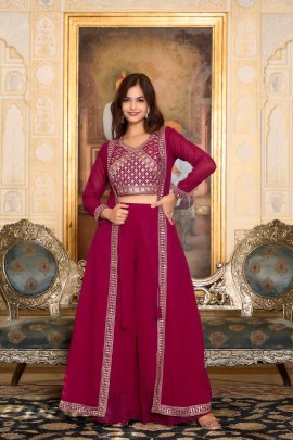 Festive Wear  Fox Georgette Shrug Plaza With Choli In Maroon