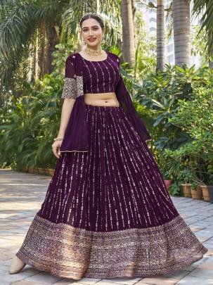 Festive Wear Georgette Wine Lehenga With Shrug