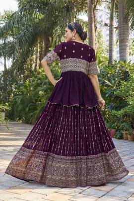 Festive Wear Georgette Wine Lehenga With Shrug