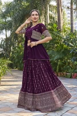 Festive Wear Georgette Wine Lehenga With Shrug