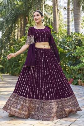 Festive Wear Georgette Wine Lehenga With Shrug