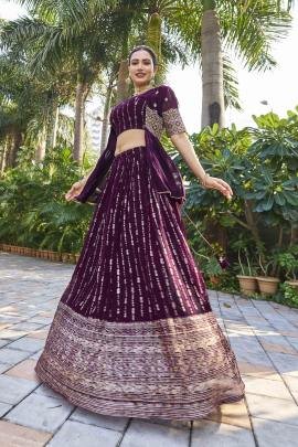 Festive Wear Georgette Wine Lehenga With Shrug
