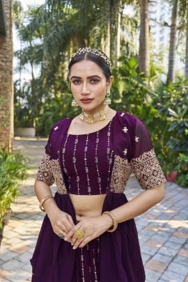 Festive Wear Georgette Wine Lehenga With Shrug