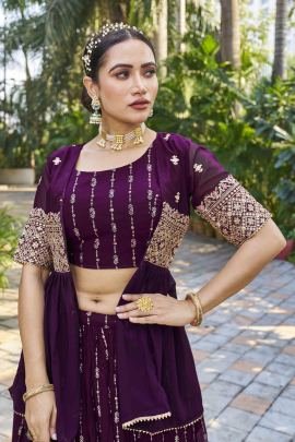 Festive Wear Georgette Wine Lehenga With Shrug