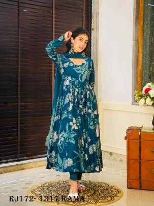 Festive Wear Rama Chinnon Flower Print 3 pcs Ready Made Suit