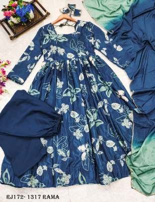 Festive Wear Rama Chinnon Flower Print 3 pcs Ready Made Suit