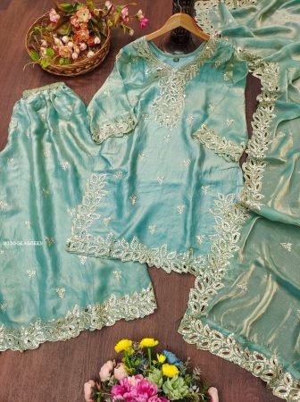 Festive Wear Sea Green Sharara Suit Set