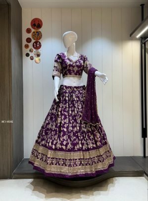 Festive Wear Sider Wine Georgette Dola Silk Lehenga 
