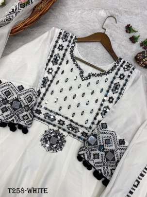 Festive Wear White Rajwadi Silk Kurti Pant Set