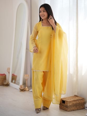 Festive Wear Yellow Crunchy Silk Suit Set