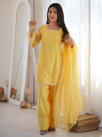 Festive Wear Yellow Crunchy Silk Suit Set