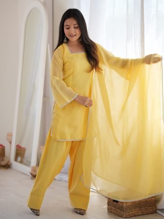 Festive Wear Yellow Crunchy Silk Suit Set