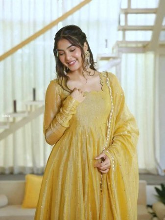 Festive Wear Yellow Salsa Silk Anarkali Suit Set