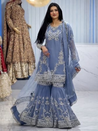 Womens Embroidered Chinon Sharara Dress with Dupatta