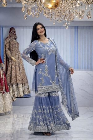 Womens Embroidered Chinon Sharara Dress with Dupatta