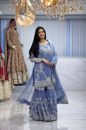 Womens Embroidered Chinon Sharara Dress with Dupatta