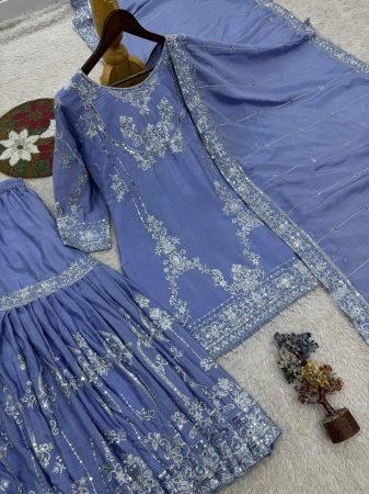 Womens Embroidered Chinon Sharara Dress with Dupatta