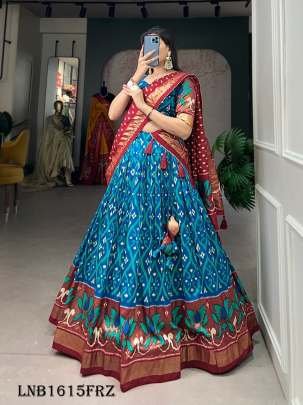 Firozi Color Printed With Foil Print Tussar Silk Traditional Lehenga Choli