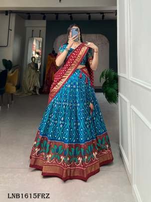 Firozi Color Printed With Foil Print Tussar Silk Traditional Lehenga Choli