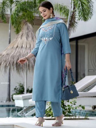 Firozi Viscose Straight Kurta Pant Set With Dupatta