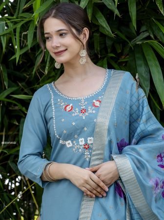 Firozi Viscose Straight Kurta Pant Set With Dupatta