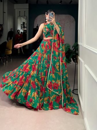 Floral Print 12 Meter Flair Green Lehenga Choli 