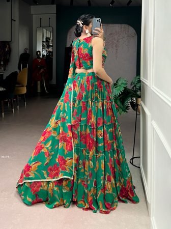 Floral Print 12 Meter Flair Green Lehenga Choli
