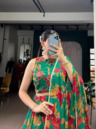 Floral Print 12 Meter Flair Green Lehenga Choli