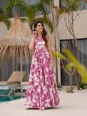 Floral Printed Onion Pink One Piece Dress