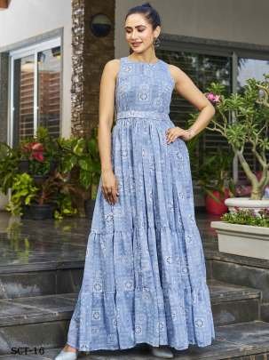 Floral Printed Sky Blue Gown With Belt