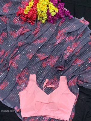 flower print premium georgette digital printed saree with ready made blouses