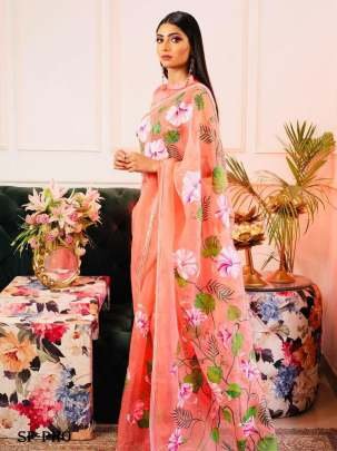 Flower Printed And Handwork Pure Organza Saree
